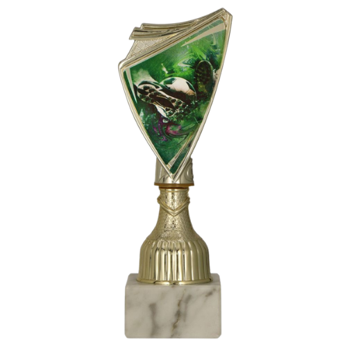 Puchar 9297/SOC2 plastikowy złoty – piłka nożna, elegancka tarcza z dynamicznym motywem piłkarskim na złotym trzonie i marmurowej podstawie; idealny na turnieje, ligi i zakończenie sezonu. Tabliczka z nadrukiem. Symbol: 9297/SOC2-A