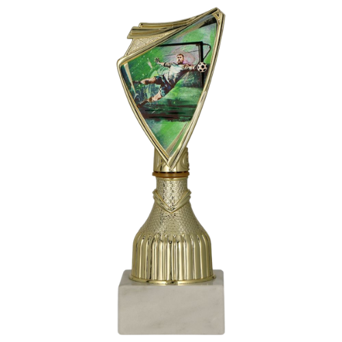 Puchar plastikowy 9297/SOC3-A złoty – piłka nożna, tarcza z dynamicznym motywem bramkarskiej parady na złotym trzonie i marmurowej podstawie; idealny na turnieje, ligi i zakończenie sezonu. Tabliczka z nadrukiem. Symbol: 9297/SOC3-A