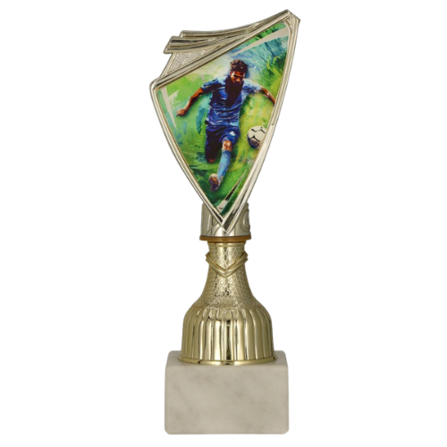 Puchar 9297/SOC4-A plastikowy złoty – piłka nożna, tarcza z dynamicznym motywem piłkarza w akcji na złotym trzonie i marmurowej podstawie; idealny na turnieje, ligi i zakończenie sezonu. Tabliczka z nadrukiem. Symbol: 9297/SOC4-A