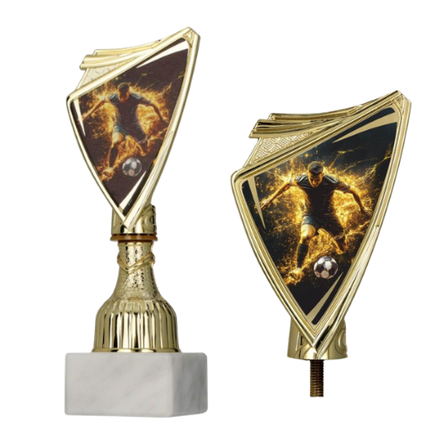 Puchar plastikowy 9297/SOC5-A złoty – piłka nożna, tarcza z dynamicznym motywem zawodnika (grafika „ognista”) na złotym trzonie i marmurowej podstawie; idealny na turnieje, ligi i zakończenie sezonu. Tabliczka z nadrukiem. Symbol: 9297/SOC5-A