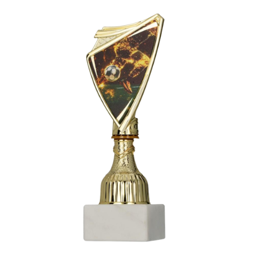 Puchar plastikowy 9297/SOC6 złoty – piłka nożna, tarcza z motywem piłki w „ognistej” grafice na złotym trzonie i marmurowej podstawie; idealny na turnieje, ligi i zakończenie sezonu. Tabliczka z nadrukiem. Symbol: 9297/SOC6