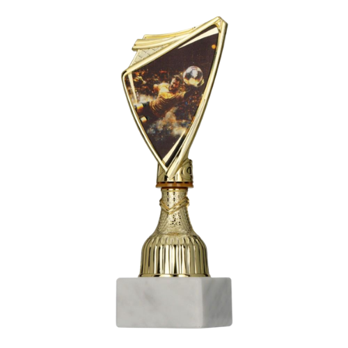 Puchar plastikowy 9297/SOC7-A złoty – piłka nożna, tarcza z efektowną grafiką bramkarskiej parady na złotym trzonie i marmurowej podstawie; idealny na turnieje, ligi i zakończenie sezonu. Tabliczka z nadrukiem. Symbol: 9297/SOC7-A