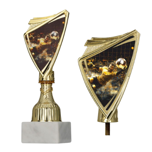 Puchar plastikowy 9297/SOC7-A złoty – piłka nożna, tarcza z efektowną grafiką bramkarskiej parady na złotym trzonie i marmurowej podstawie; idealny na turnieje, ligi i zakończenie sezonu. Tabliczka z nadrukiem. Symbol: 9297/SOC7-A
