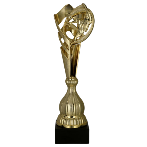 Puchar plastikowy 7249/SOC5 złoty – piłka nożna, wysoki puchar z ozdobnym medalionem 3D (piłkarz w efektownym strzale/„nożyce”) na złotym trzonie i marmurowej podstawie; idealny na turnieje, ligi i zakończenie sezonu. Tabliczka z nadrukiem.