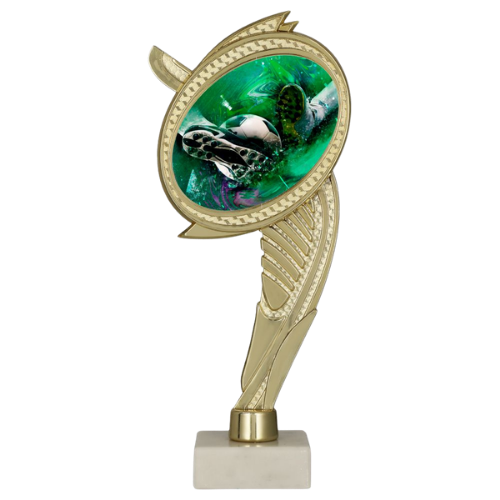 Trofeum plastikowe WING-WM/SOC1 na marmurowej podstawie – piłka nożna, złota figurka z okrągłym medalionem i dynamiczną grafiką, idealna nagroda na turnieje i ligi. Wys. 22 cm, tabliczka z nadrukiem. Symbol: WING-WM/SOC1
