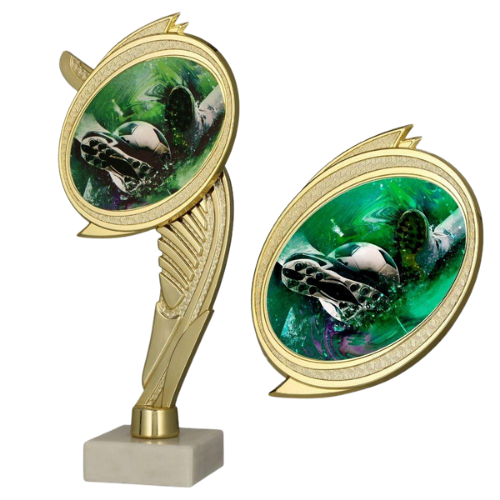 Trofeum plastikowe WING-WM/SOC1 na marmurowej podstawie – piłka nożna, złota figurka z okrągłym medalionem i dynamiczną grafiką, idealna nagroda na turnieje i ligi. Wys. 22 cm, tabliczka z nadrukiem. Symbol: WING-WM/SOC1