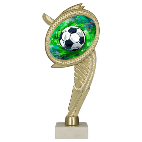 Trofeum plastikowe WING-WM/SOC2 na marmurowej podstawie – piłka nożna, złota figurka z okrągłym medalionem (motyw piłki) i zielonym tłem, idealna nagroda na turnieje, ligi i akademie. Wys. 22 cm, tabliczka z nadrukiem. Symbol: WING-WM/SOC2