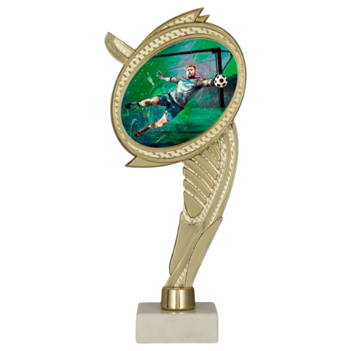 Trofeum plastikowe WING-WM/SOC3 na marmurowej podstawie – piłka nożna, złota figurka z okrągłym medalionem z grafiką bramkarskiej parady, idealna nagroda na turnieje i ligi. Wys. 22 cm, tabliczka z nadrukiem. Symbol: WING-WM/SOC3