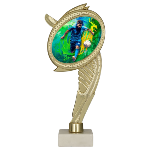 Trofeum plastikowe WING-WM/SOC4 na marmurowej podstawie – piłka nożna, złota figurka z okrągłym medalionem z grafiką piłkarza w akcji, idealna nagroda na turnieje, ligi i akademie. Wys. 22 cm, tabliczka z nadrukiem. Symbol: WING-WM/SOC4