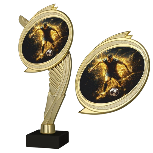 Postument plastikowy WING-BMX/SOC6 złoty na marmurowej podstawie – piłka nożna, złota figurka z okrągłym medalionem i „ognistą” grafiką zawodnika, efektowna nagroda na turnieje i ligi. Wys. 22 cm, tabliczka z nadrukiem. Symbol: WING-BMX/SOC6