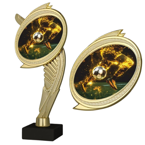 Postument plastikowy WING-BMX/SOC7 złoty na marmurowej podstawie – piłka nożna, złota figurka z okrągłym medalionem i efektowną „ognistą” grafiką piłki; idealny na turnieje i ligi. Wys. 22 cm, tabliczka z nadrukiem. Symbol: WING-BMX/SOC7