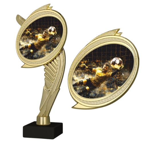 Postument plastikowy WING-BMX/SOC8 złoty na marmurowej podstawie – piłka nożna, złota figurka z okrągłym medalionem i grafiką bramkarza w paradzie, idealna nagroda na turnieje i ligi. Wys. 22 cm, tabliczka z nadrukiem. Symbol: WING-BMX/SOC8