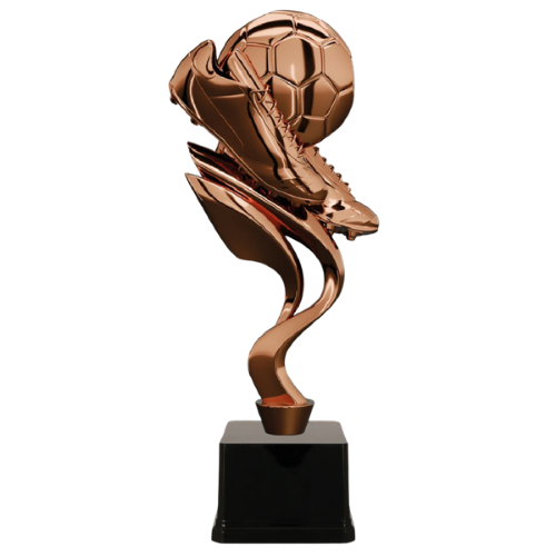 Puchar plastikowy 9311/B brązowy (motyw piłkarski: but i piłka) na czarnej podstawie – elegancka nagroda na turnieje, ligi i rozgrywki piłki nożnej. Wys. 25 cm, miejsce na tabliczkę z nadrukiem. Symbol: 9311/B