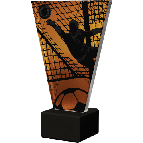 Trofeum szklane V-Line VL1/SOC4  „Piłka Nożna – Bramkarz” na marmurowej podstawie, z dynamiczną grafiką w pomarańczowej tonacji. Idealne na turnieje i nagrody MVP; personalizacja tabliczką z nadrukiem.