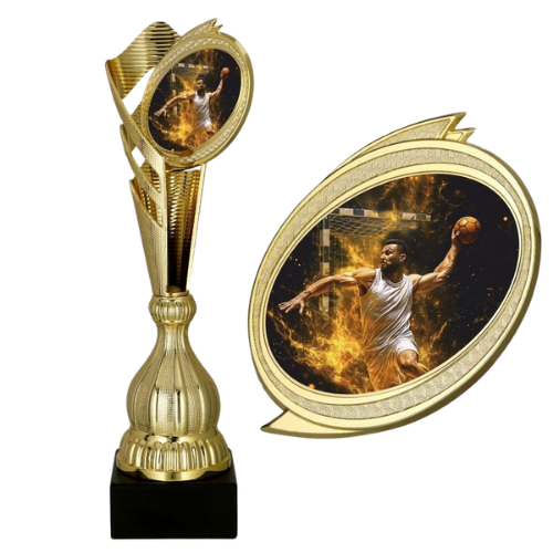 Złoty puchar plastikowy do piłki ręcznej 7249/HAN – elegancka forma z medalionem zawodnika, na marmurowej podstawie. Idealny na turnieje i ligi. Personalizacja: tabliczka z nadrukiem.