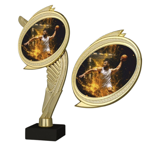 Złoty puchar plastikowy do piłki ręcznej 7249/HAN – elegancka forma z medalionem zawodnika, na marmurowej podstawie. Idealny na turnieje i ligi. Personalizacja: tabliczka z nadrukiem.