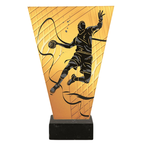 Trofeum V-Line VL1/HAN Piłka Ręczna – szklany bursztynowy panel z dynamiczną sylwetką zawodnika na marmurowej podstawie. Idealne na turniej i wyróżnienia. Personalizacja: tabliczka z nadrukiem. Dostępne 4 wysokości.