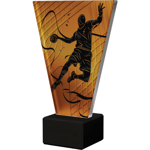 Trofeum V-Line VL1/HAN Piłka Ręczna – szklany bursztynowy panel z dynamiczną sylwetką zawodnika na marmurowej podstawie. Idealne na turniej i wyróżnienia. Personalizacja: tabliczka z nadrukiem. Dostępne 4 wysokości.