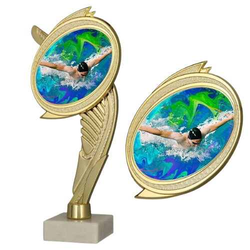 Trofeum pływackie WING-WM/SWI na marmurowej podstawie – złoto-plastikowa statuetka z dynamicznym motywem pływaka. Idealna na zawody i turnieje; miejsce na tabliczkę z nadrukiem 45×15 mm.