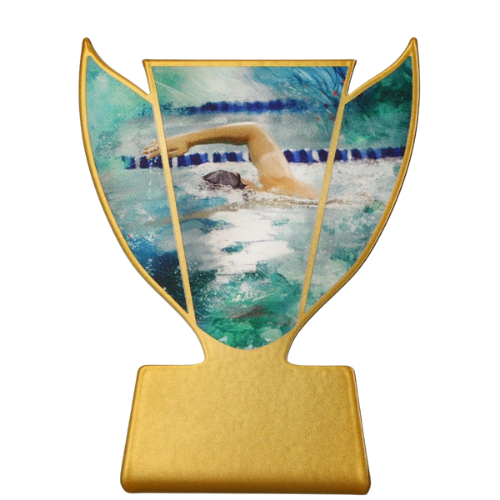 Statuetka metalowa SL-SWI Slim Line – pływanie z motywem pływaka, wys. 10 cm, szer. 7,7 cm. Idealna na zawody i turnieje. Personalizacja: tabliczka mm z nadrukiem (imię, klub, kategoria, data).