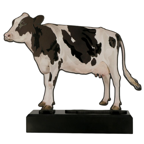 Statuetka metalowa Krasula TM005-COW: krowa na czarnej marmurowej podstawie, wysokość 20,5 cm. Tabliczka 192x25 mm z nadrukiem do personalizacji. Nagroda na konkursy hodowlane i rolnicze.