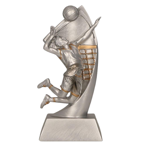Statuetka odlewana do siatkówki RP2005, wys. 17,5 cm. Motyw zawodnika w akcji przy piłce. Stabilna podstawa, miejsce na tabliczkę 69×26 mm z nadrukiem – na turnieje, ligi i szkolne zawody.