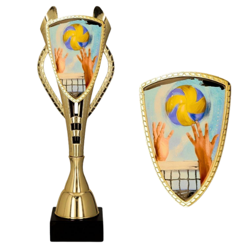 Złoty puchar plastikowy 7243/VOL do siatkówki na marmurowej podstawie, z tarczą z motywem piłki i siatki. Miejsce na tabliczkę z nadrukiem. Na turnieje szkolne i klubowe.