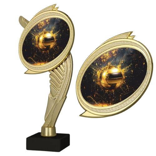 Postument plastikowy  WING-BMX/VOL2 złoty z motywem siatkówki na marmurowej podstawie, wys. 22 cm. Tabliczka z nadrukiem – personalizacja nazwy turnieju i daty. Nagroda dla drużyn i MVP.