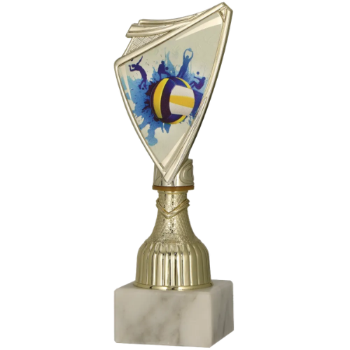 Puchar plastikowy 9297/VOL do siatkówki na marmurowej podstawie. Tarcza z motywem piłki i dynamicznych rozprysków farby, w złotej ramce. Sprawdzi się na turnieje, ligi i nagrody drużynowe.