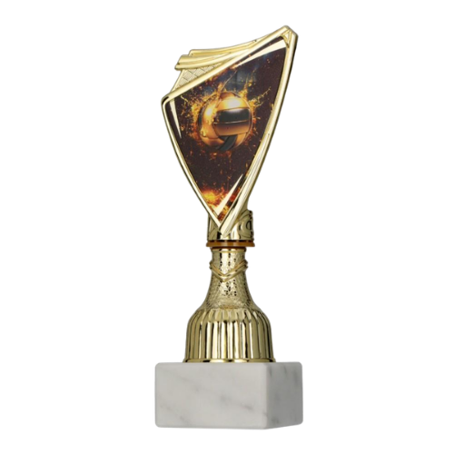 Puchar plastikowy złoty do 9297/VOL2 z marmurową podstawą. Tarcza z grafiką złotej piłki do siatkówki wśród iskier na czarnym tle. Na podstawie miejsce na tabliczkę z nadrukiem.