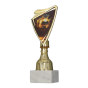 Puchar plastikowy złoty do 9297/VOL2 z marmurową podstawą. Tarcza z grafiką złotej piłki do siatkówki wśród iskier na czarnym tle. Na podstawie miejsce na tabliczkę z nadrukiem.