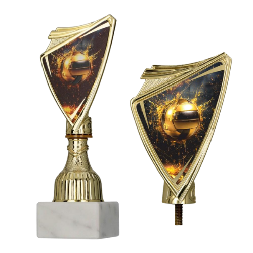 Puchar plastikowy złoty do 9297/VOL2 z marmurową podstawą. Tarcza z grafiką złotej piłki do siatkówki wśród iskier na czarnym tle. Na podstawie miejsce na tabliczkę z nadrukiem.