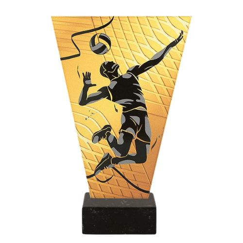 Trofeum szklane VL1/VOL V-Line Siatkówka z grafiką zawodnika w akcji. Złoty panel i marmurowa podstawa tworzą nowoczesną nagrodę na turnieje, zawody i wydarzenia sportowe. Miejsce na tabliczkę z nadrukiem.