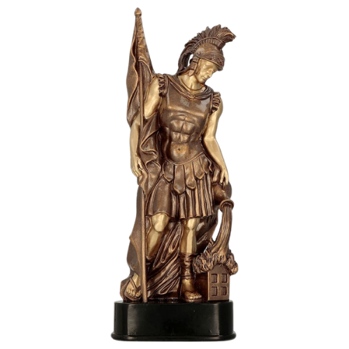 Statuetka odlewana RFST3025 Święty Florian w brązowym kolorze na ciemnej podstawie. Model strażacki z postacią patrona strażaków sprawdzi się jako nagroda, wyróżnienie lub upominek okolicznościowy. Miejsce na tabliczkę z nadrukiem.