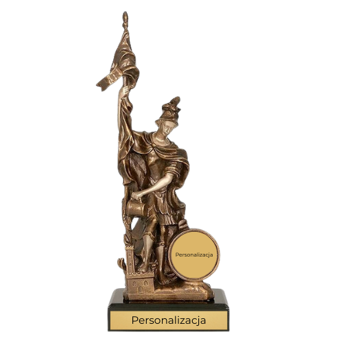 Statuetka odlewana RFST2021 Patron Strażaków z postacią św. Floriana na ciemnej podstawie. Model w kolorze brązu sprawdzi się jako nagroda, wyróżnienie lub upominek dla strażaków i jednostek OSP. Miejsce na tabliczkę z nadrukiem.