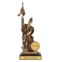 Statuetka odlewana RFST2021 Patron Strażaków z postacią św. Floriana na ciemnej podstawie. Model w kolorze brązu sprawdzi się jako nagroda, wyróżnienie lub upominek dla strażaków i jednostek OSP. Miejsce na tabliczkę z nadrukiem.