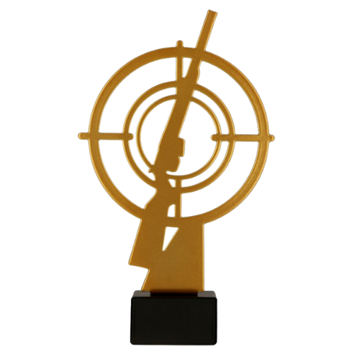 Statuetka metalowa ML-SHO2 Złota Strzelba z motywem tarczy strzeleckiej i karabinu. Model na marmurowej podstawie sprawdzi się na zawody, turnieje i wyróżnienia strzeleckie. Miejsce na tabliczkę z nadrukiem.