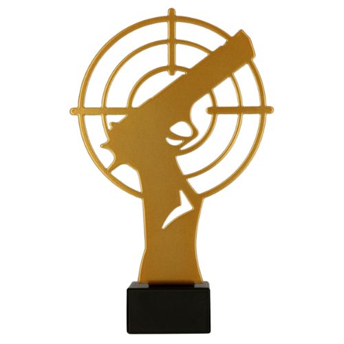 Statuetka metalowa ML-SHO3 Złoty Pistolet z motywem tarczy strzeleckiej i pistoletu. Model na marmurowej podstawie sprawdzi się na zawody, turnieje i wyróżnienia strzeleckie. Miejsce na tabliczkę z nadrukiem.