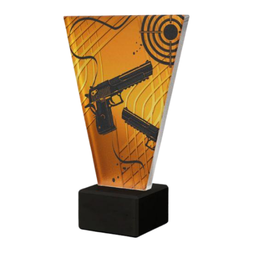 Trofeum szklane VL1/SHO1 V-Line Strzelectwo Broń Krótka z motywem pistoletów i tarczy. Złoty panel oraz marmurowa podstawa tworzą nagrodę na zawody, turnieje i wyróżnienia strzeleckie. Miejsce na tabliczkę z nadrukiem.