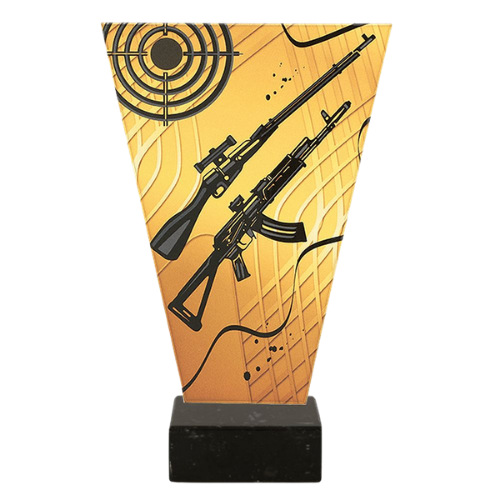Trofeum szklane VL1/SHO2 V-Line Strzelectwo Broń Długa z motywem karabinów i tarczy. Złoty panel oraz marmurowa podstawa tworzą nagrodę na zawody, turnieje i wyróżnienia strzeleckie. Miejsce na tabliczkę z nadrukiem.
