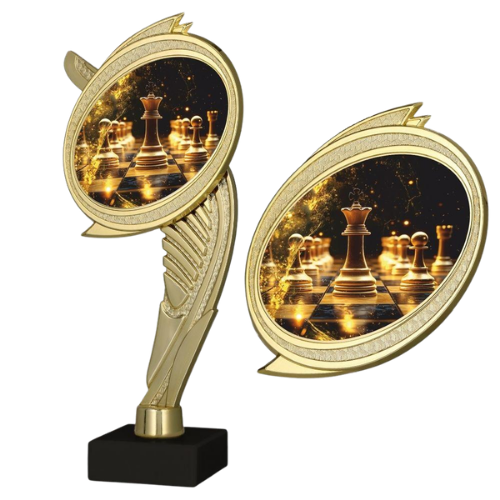 Postument plastikowy WING-BMX/CHE2 złoty na marmurowej podstawie – szachy z grafiką figur szachowych na złotym tle. Lekki model sprawdzi się na turnieje, konkursy i wyróżnienia szachowe. Miejsce na tabliczkę z nadrukiem.