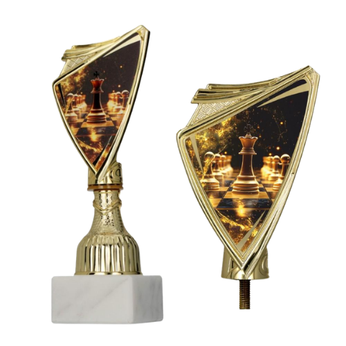 Puchar plastikowy 9297/CHE2 złoty – SZACHY z grafiką figur szachowych na złotym tle. Model na marmurowej podstawie sprawdzi się na turnieje, konkursy i wyróżnienia szachowe. Miejsce na tabliczkę z nadrukiem.
