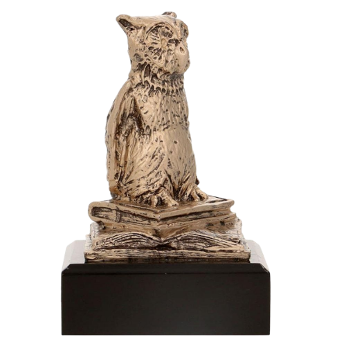 Statuetka odlewana RTY630/BR Sowa Akademicka w kolorze brązu na ciemnej podstawie. Model z sową stojącą na książkach sprawdzi się jako nagroda, wyróżnienie lub podziękowanie w szkolnictwie. Miejsce na tabliczkę z nadrukiem.