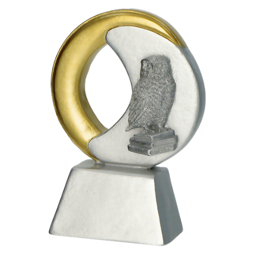 Statuetka odlewana RE034 – szkolnictwo w srebrno-złotym wykończeniu z motywem sowy na książkach. Model sprawdzi się jako nagroda, wyróżnienie lub podziękowanie w szkolnictwie. Miejsce na tabliczkę z nadrukiem.
