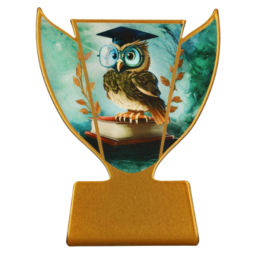 Statuetka metalowa SL-SCH3 Szkoła z grafiką sowy w birecie na książce. Model w złotej oprawie sprawdzi się jako nagroda, wyróżnienie lub podziękowanie w edukacji. Miejsce na tabliczkę z nadrukiem.