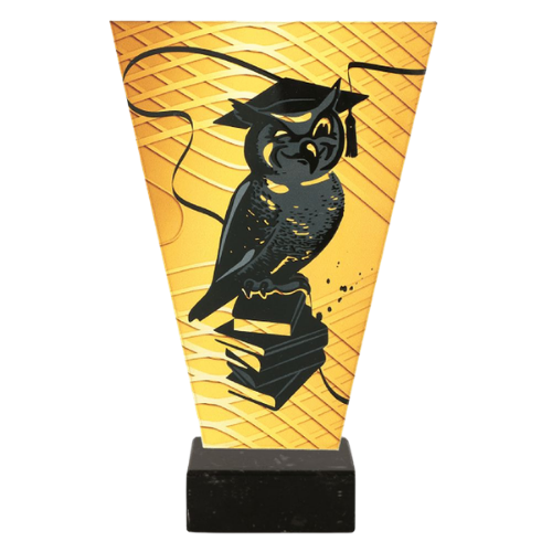 Trofeum szklane VL1/SCH/BK V-Line Szkolnictwo z motywem sowy w birecie stojącej na książkach. Złoty panel i marmurowa podstawa tworzą nagrodę na konkursy, zakończenie roku i wyróżnienia edukacyjne. Miejsce na tabliczkę z nadrukiem.