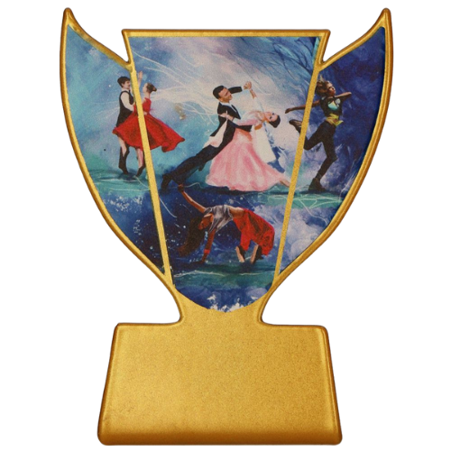 Statuetka metalowa SL-DAN Tancerze z grafiką par w ruchu scenicznym. Model w złotej oprawie sprawdzi się jako nagroda na konkursy, pokazy i turnieje taneczne. Miejsce na tabliczkę z nadrukiem.