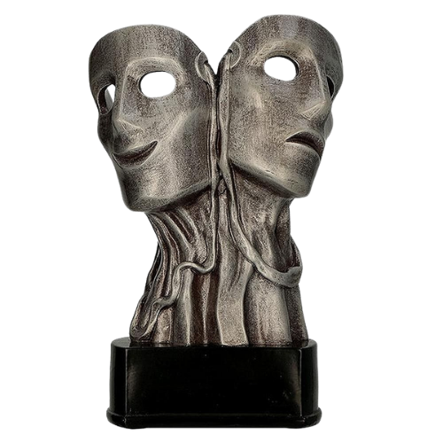 Statuetka odlewana RFST3015/S Teatr srebrna – teatr z motywem masek scenicznych na ciemnej podstawie. Model sprawdzi się jako nagroda, wyróżnienie lub podziękowanie na przeglądy, konkursy i wydarzenia teatralne. Miejsce na tabliczkę z nadrukiem.