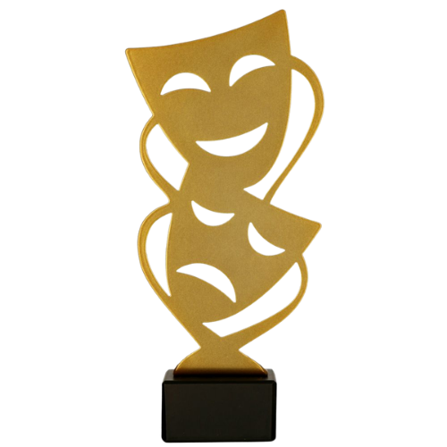 Statuetka metalowa ML-THE Aktorstwo w złotym kolorze z motywem masek teatralnych. Model na marmurowej podstawie sprawdzi się jako nagroda, wyróżnienie lub podziękowanie na konkursy i wydarzenia teatralne. Miejsce na tabliczkę z nadrukiem.