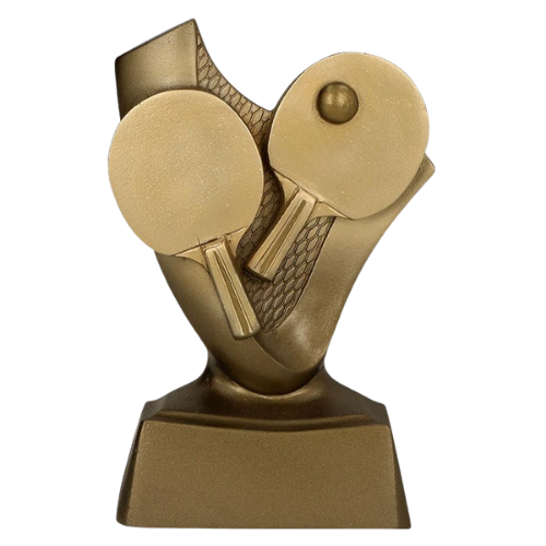 Statuetka odlewana RP4017 Ping-Pong z motywem rakietek i piłeczki do tenisa stołowego. Model w złotym kolorze sprawdzi się jako nagroda na turnieje, zawody i wyróżnienia sportowe. Miejsce na tabliczkę z nadrukiem.